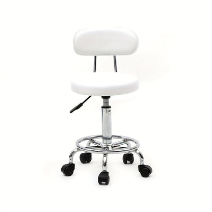PU Leather Salon Stool with Back & 360° Swivel – Adjustable Height 18.9"-22.8" Round Cushion Chrome Base White Salon Chair for Nail Tech, Esthetician & Beauty Studio