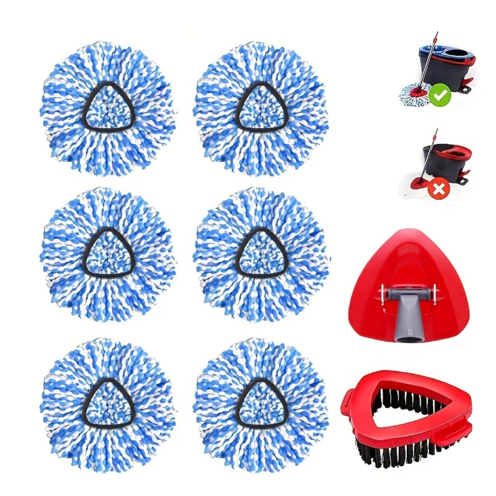 Spin Mop Replacement Heads 6 Pack with Scrub Brush & Base – Microfiber Mop Heads Refills Machine Washable Deep Cleaning Floor Mop Pads for Spin Mop Bucket System Home Kitchen Hardwood Tile