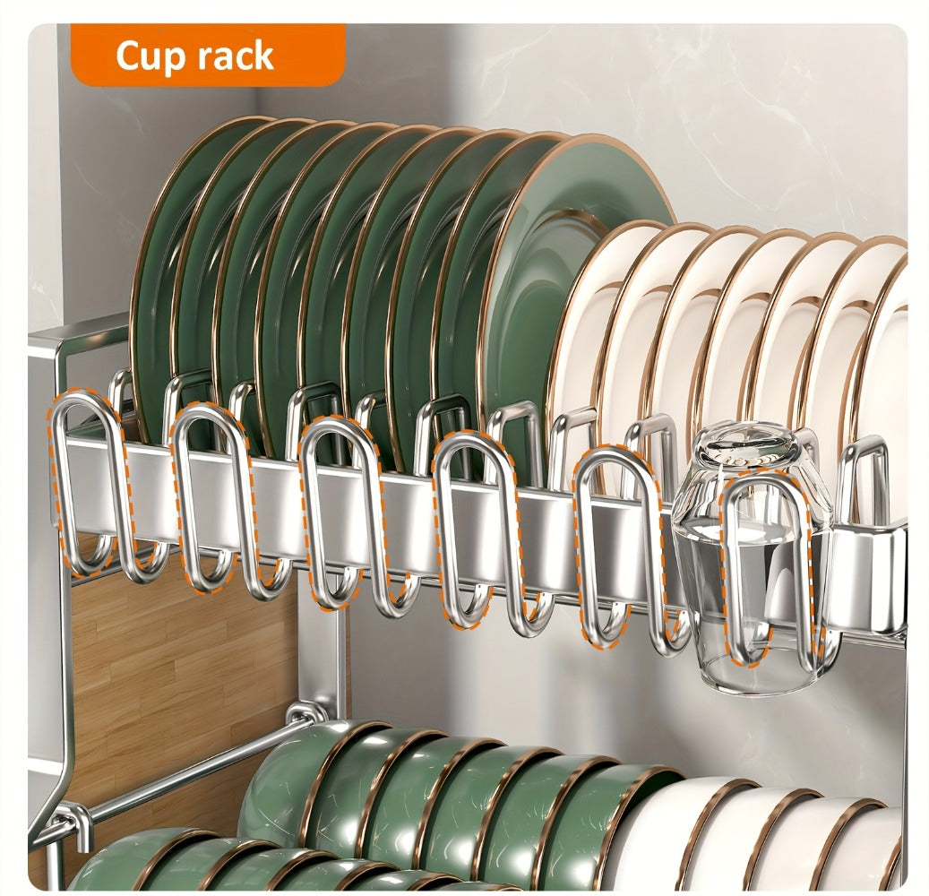 Stainless Steel Two-Tier Dish Drying Rack with Drainboard, Cup Holders, Utensil Caddy and Lid Rack