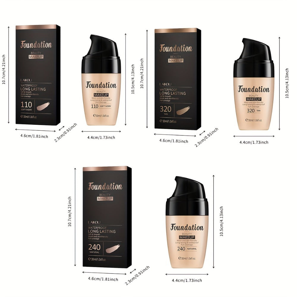 Full Coverage Liquid Foundation Set 3 & 5pcs 30ml — Moisturizing Waterproof Long-Wearing Foundation, Flawless Finish for All Skin Types, Shades: Soft Ivory, Natural & Tan