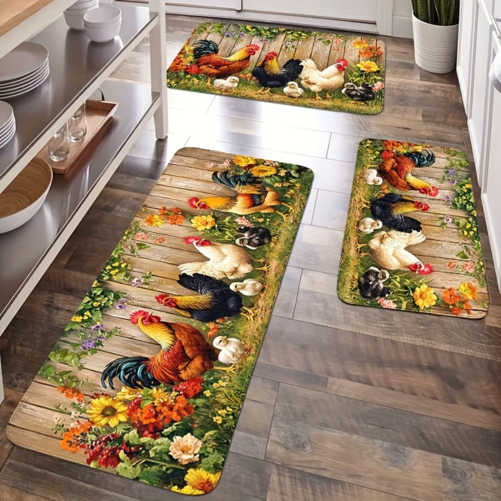 Rooster Farmhouse Kitchen Rugs in Round, Runner and 1- to 4-Piece Mat Set Size Options for Floors