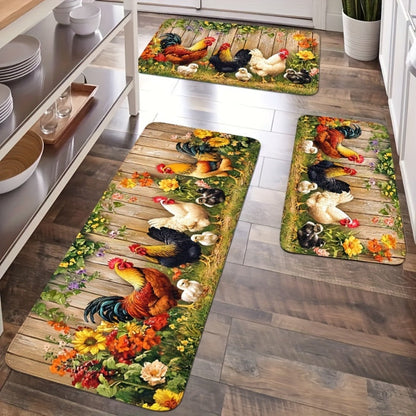 Rooster Farmhouse Kitchen Rugs in Round, Runner and 1- to 4-Piece Mat Set Size Options for Floors