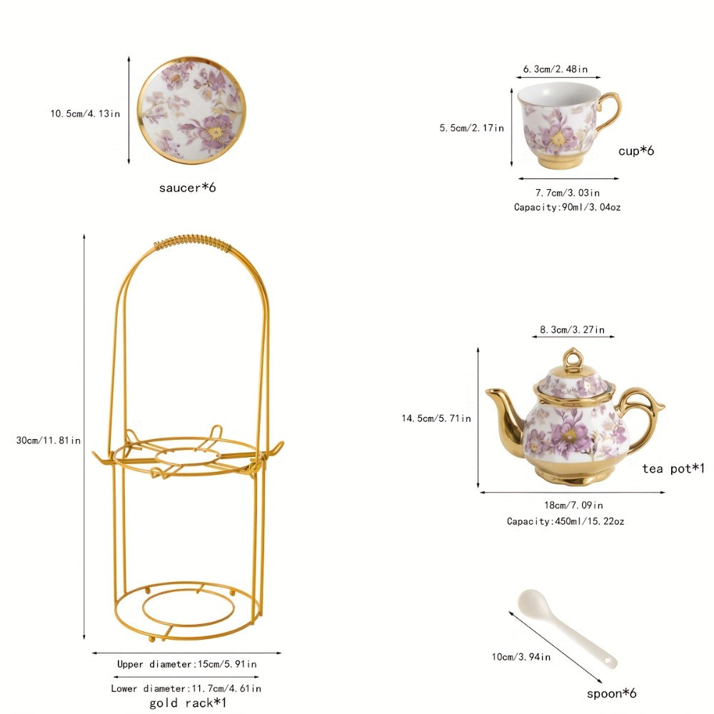 Twenty-Piece Floral Ceramic Tea Set with 15-Ounce Teapot, Six Cups, Saucers, Spoons and Metal Rack