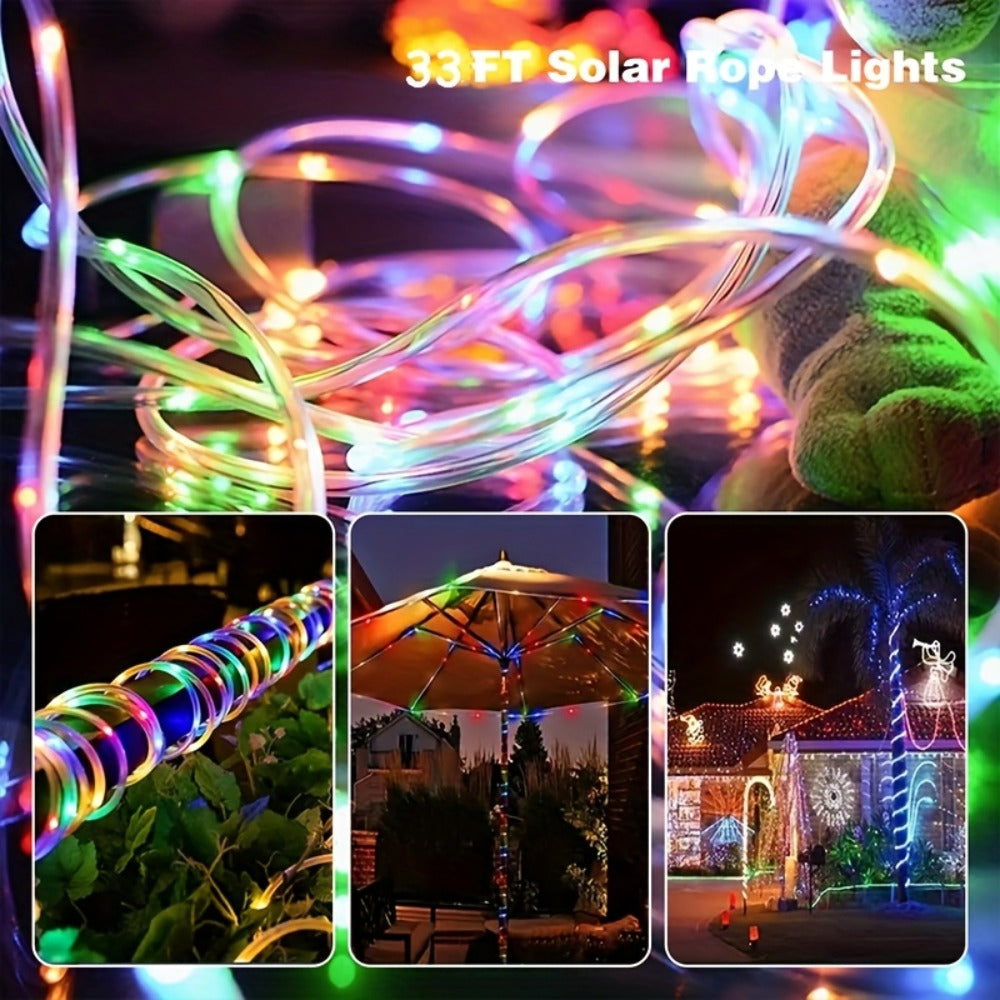 RGB Solar Rope Light with 100 LEDs, 33-Foot Clear Tube and Eight Pictured Lighting Modes for Patio Decor