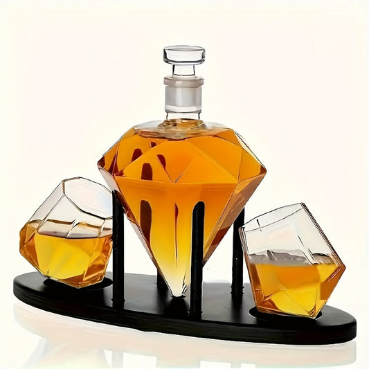 Whiskey Decanter Set with 2 Diamond Glasses & Wooden Rack | Brick Stone Design – Bourbon Rum Vodka Tequila Gift Set for Men Home Bar