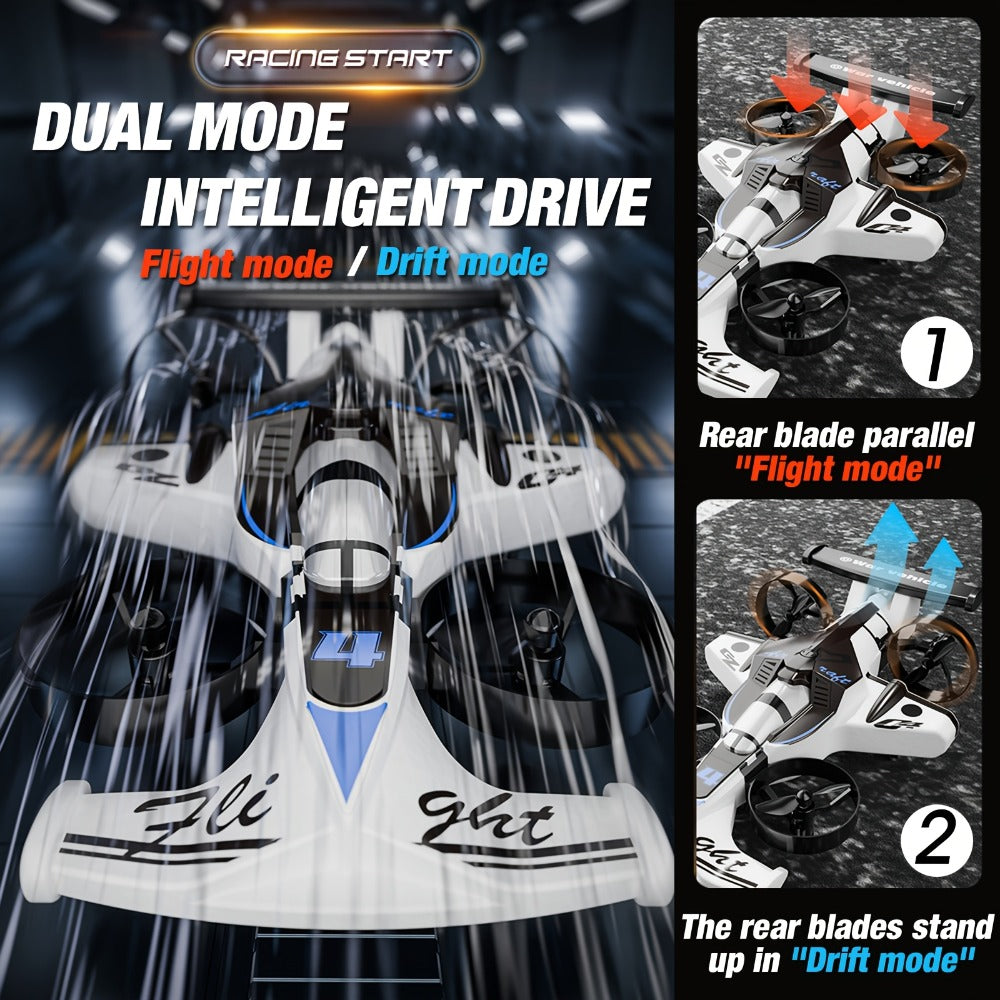 Two-in-One RC Drone and Ground Car with White Body, Two Batteries and Propeller Guards for Indoor Play