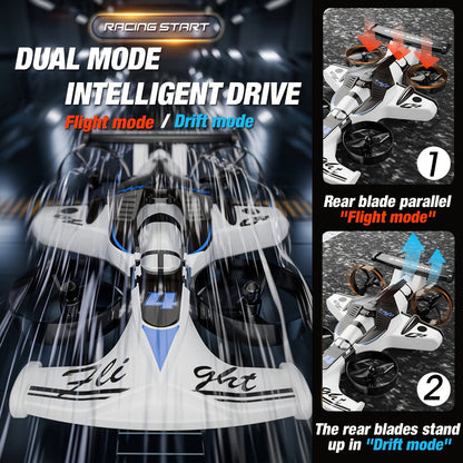 Two-in-One RC Drone and Ground Car with White Body, Two Batteries and Propeller Guards for Indoor Play