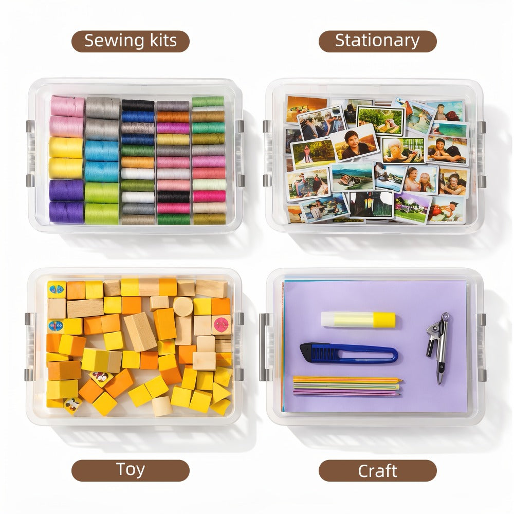 Five-Piece Clear Storage Box Set with Latching Lids, Stackable Low-Profile Design and 13.58-Inch Length