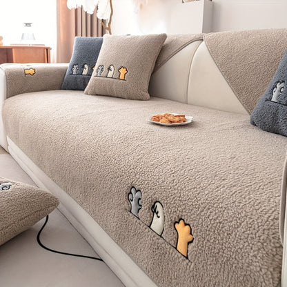 Sofa Cover Thick Plush Shearling Panels with Animal and Bone Embroidery and Non-Slip Feature for 2 to 4 Seats