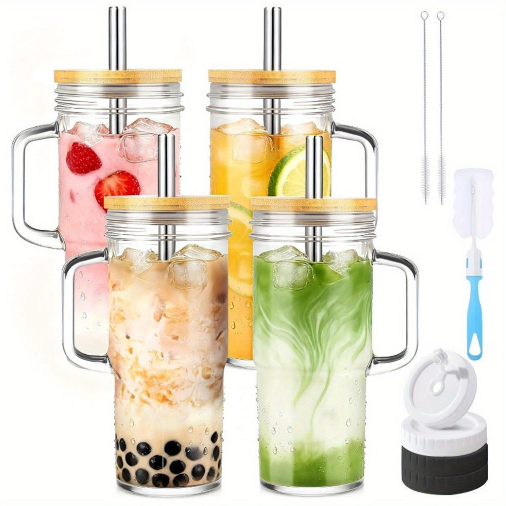 Handled Glass Tumbler Drinkware Set, 24oz Mason-Style Cups with Bamboo Lids, Straws and Brushes in 2 or 4 Pieces