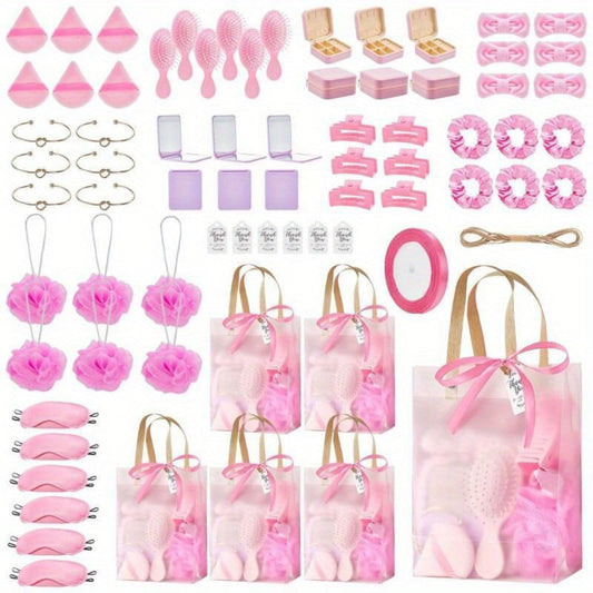 Party Favor Gift Set 74pcs – Headbands, Hair Brushes, Bracelets, Mirrors, Powder Puffs, Hair Ties, Clips, Bath Sponges & Jewelry Boxes with Gift Bags for Bridal Shower, Wedding, Christmas & Events (Pink/Blue)