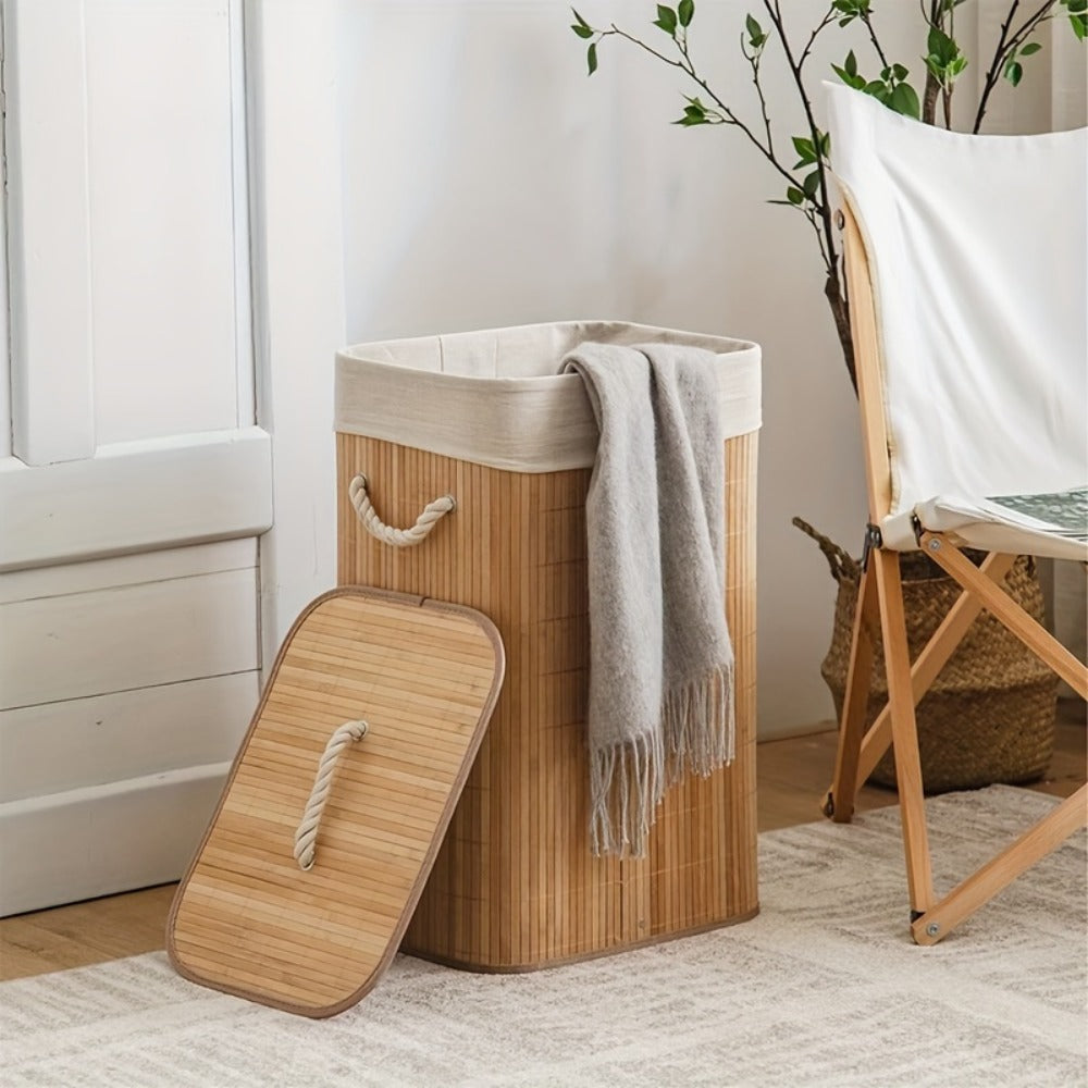 Upgrade or Ordinary Rectangular Collapsible Laundry Hamper with Slatted Body, Lid and Side Handles