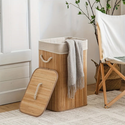 Upgrade or Ordinary Rectangular Collapsible Laundry Hamper with Slatted Body, Lid and Side Handles