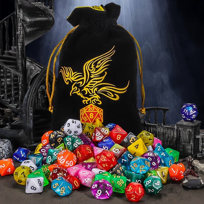 Fifteen-Set Polyhedral Dice Collection with 105 Pieces, Seven Die Shapes and Black Drawstring Storage Bag
