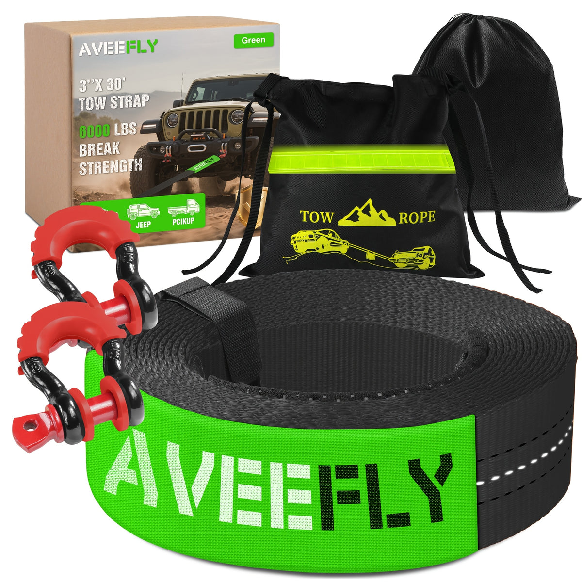Recovery Tow Strap 4-in-1 Kit 4000-6000 LBS - Off-Road Emergency Strap with D-Ring Shackles, Safety Flag & Storage Bag for Truck, Jeep, ATV, UTV