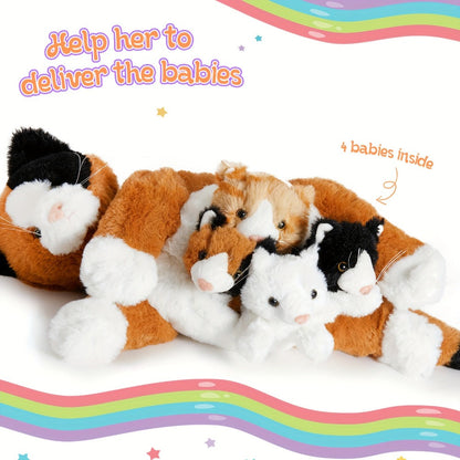 Stuffed Animal Mommy Cat Set with Four Baby Kittens, Five-Piece Family Design and Soft Fabric