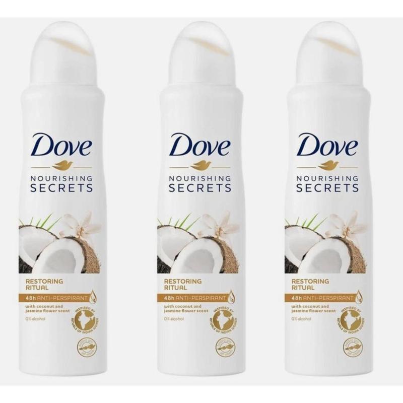 Dove Antiperspirant Deodorant Spray 3-Pack Coconut Jasmine Restoring Ritual 150ml Each – 48-Hour Sweat & Odor Protection with Moisturizing Formula for Women Tropical Fragrance Body Spray