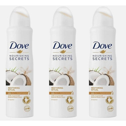 Dove Antiperspirant Deodorant Spray 3-Pack Coconut Jasmine Restoring Ritual 150ml Each – 48-Hour Sweat & Odor Protection with Moisturizing Formula for Women Tropical Fragrance Body Spray