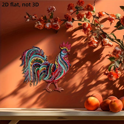 Colorful Flat Metal Rooster Wall Decoration, 11.8 by 11.46 Inches, with Layered Farmhouse Cutout Design