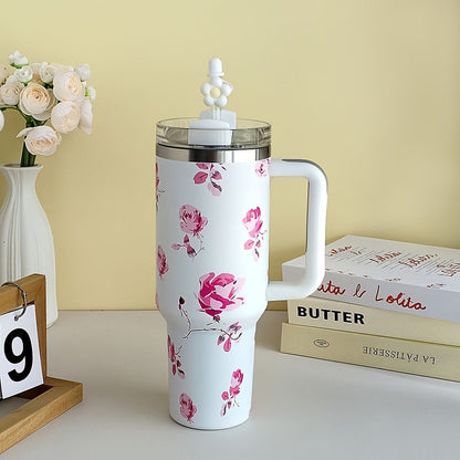 40oz Floral Handled Tumbler with Straw Lid in White, Pink, Blue or Pink Butterfly Checkout Designs