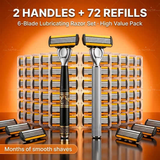 Shaving Kit for Men – 2 Handles & 72 Replacement Blades, Six-Layer Blade System Luxury Razor Set for Beard & Mustache Grooming, Ergonomic Design, Perfect Christmas & Valentine's Day Gift