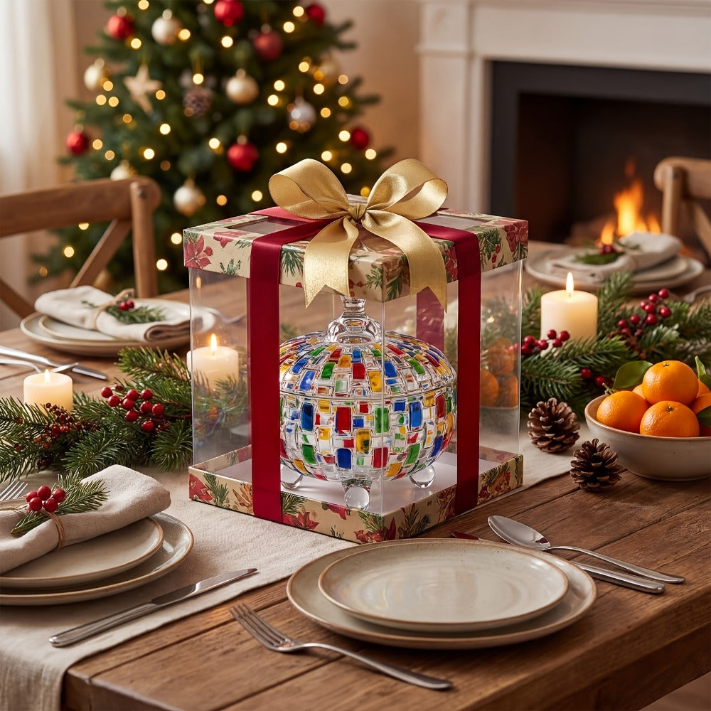 Crystal Glass Candy Dish with Lid & Tongs – Hand-Painted Colorful Candy Box, Jewelry Storage Jar, Christmas Gift for Family & Friends | Elegant Candy Server