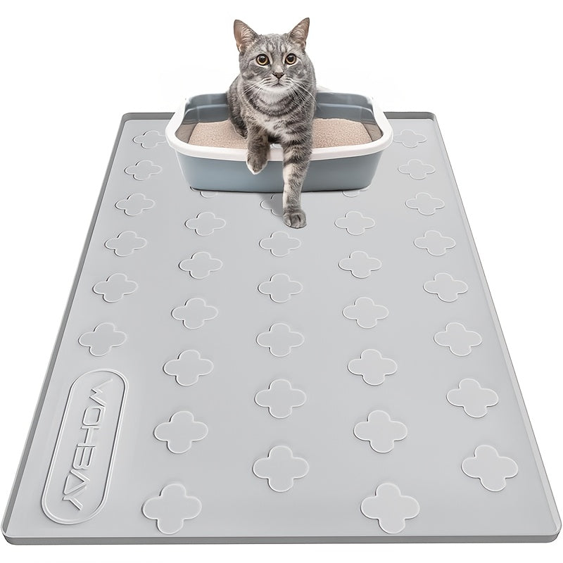 Cat Litter Mat XXL Silicone 34x22 Inch - 3-in-1 Waterproof Non-Slip Litter Trapping Mat with Raised Edges Easy Clean Foldable Pet Feeding Floor Protector