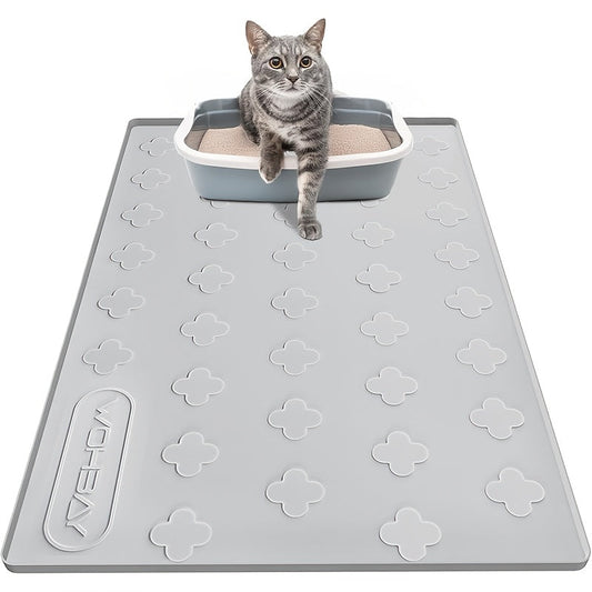 Cat Litter Mat XXL Silicone 34x22 Inch - 3-in-1 Waterproof Non-Slip Litter Trapping Mat with Raised Edges Easy Clean Foldable Pet Feeding Floor Protector