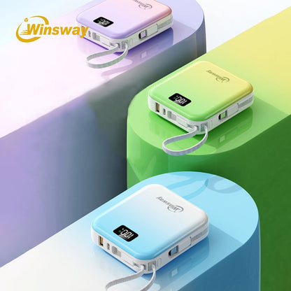 10000mAh Winsway Power Bank with 22.5W Label, Built-In USB-A and USB-C Cables and Gradient Colors
