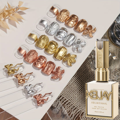 Metallic Smudge Nail Art Gel Four-Bottle Set in Gold, Silver and Rose Tones with Narrow Cap Brushes