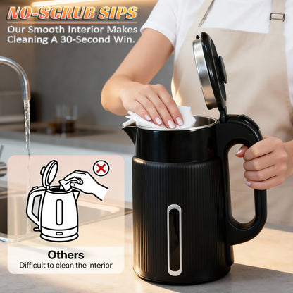 Electric Kettle 1.7L 1000W Double-Wall Stainless Steel with LED Indicator and 360-Degree Base