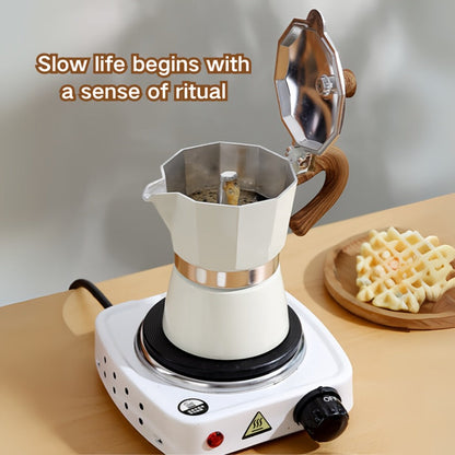 Classic 150ml Stovetop Moka Pot with Faceted Body, Wood-Look Handle and Seven Color Options