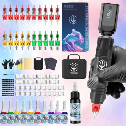 Tattoo Machine Kit POSEIDON TK035 Wireless Rotary Pen with LCD, 1500mAh Battery, 20 Cartridges and Practice Supplies