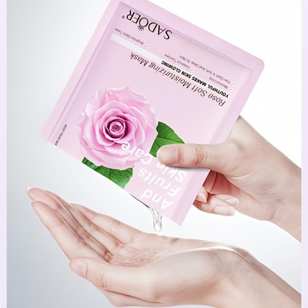 Ten-Piece SADOER Sheet Mask Assortment with Individually Packed Fruit and Rose Pouch Labels