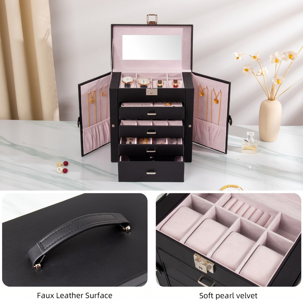 Large Jewelry Box 5-Tier PU Leather Organizer with Lock & Mirror – Storage Case for Bracelets, Earrings, Rings & Necklaces