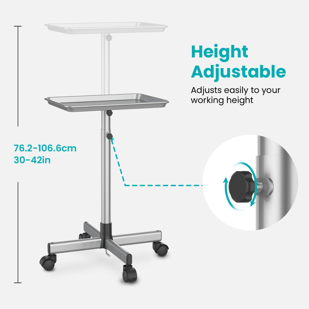 Salon Trolley Cart Height Adjustable 30 to 42 Inch Rolling Tray Table on Wheels Lockable Casters for Hair Stylist Barber Esthetician Nail Salon Spa Beauty Station Silver