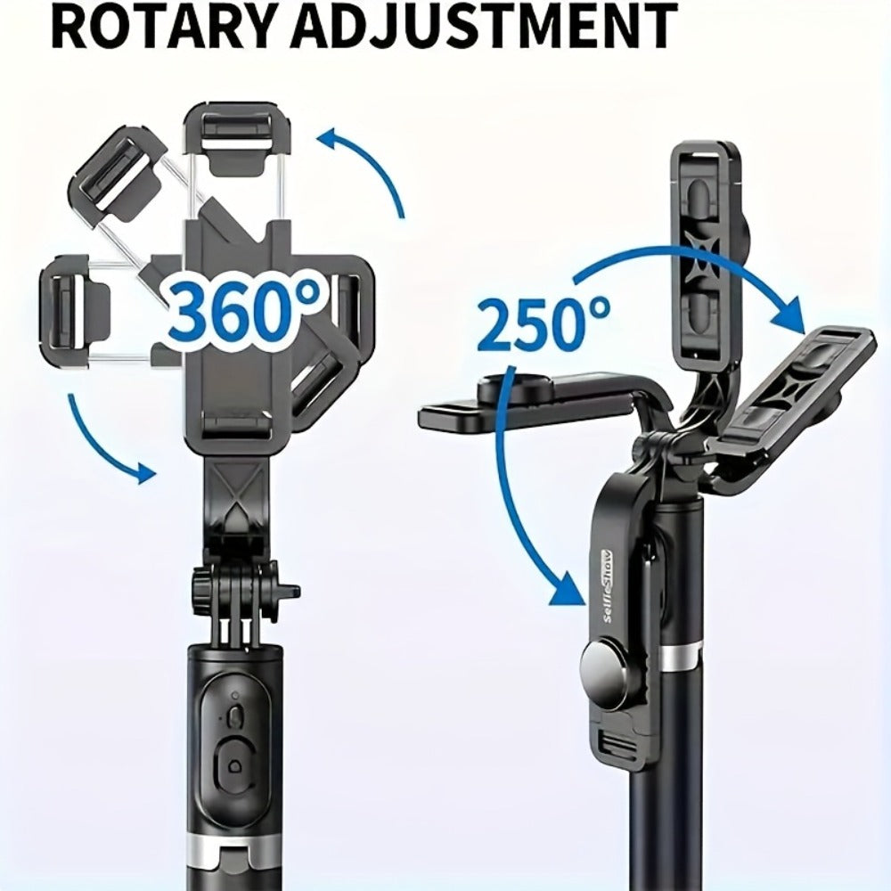 Black Selfie Stick Tripod with Telescoping Pole, Rotating Phone Clamp, Fold-Out Base and Remote