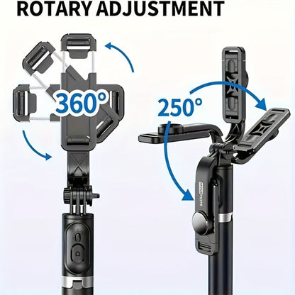 Black Selfie Stick Tripod with Telescoping Pole, Rotating Phone Clamp, Fold-Out Base and Remote
