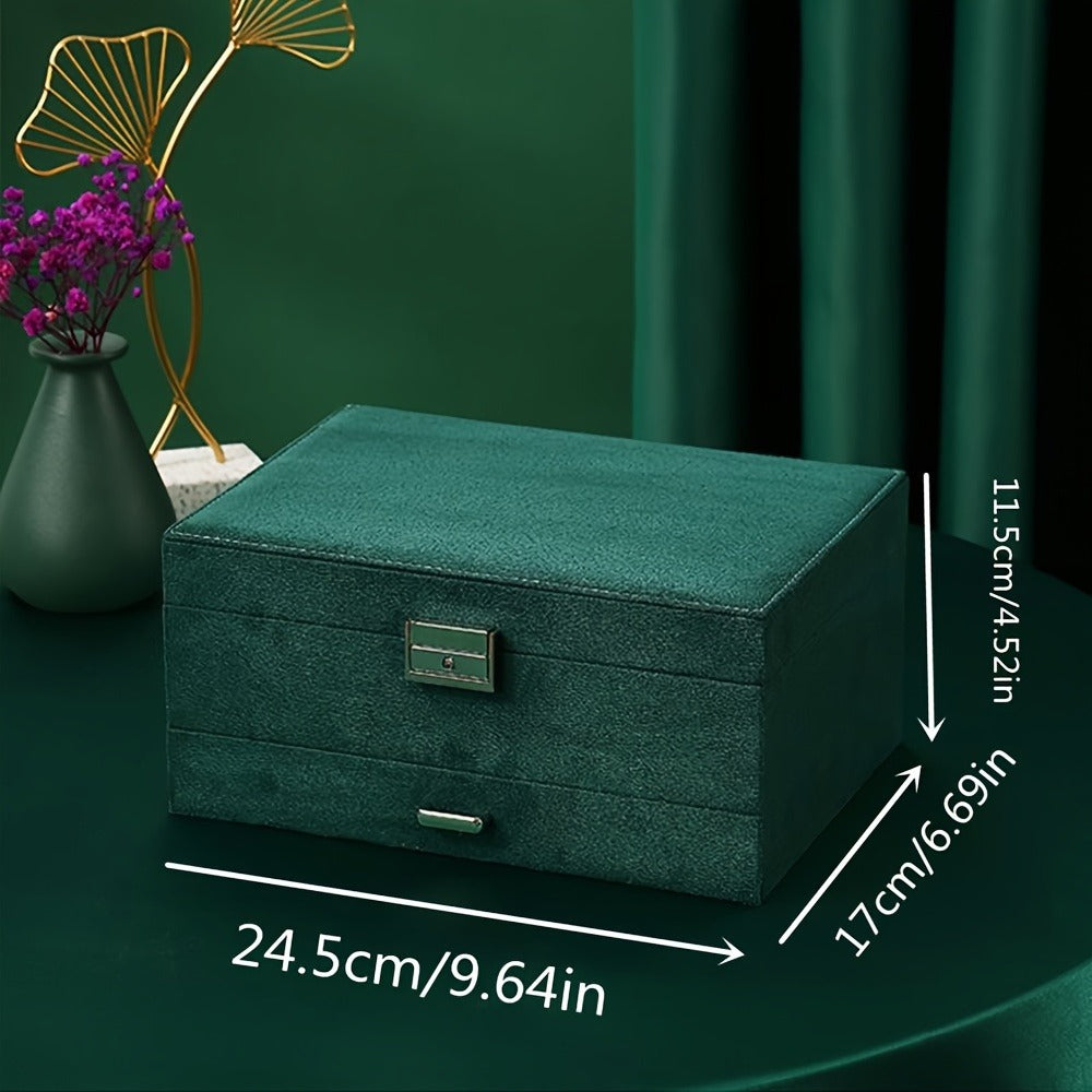 Jewelry Organizer Velvet-Lined Box with Key-Lock Closure and Drawers in Green, Pink or Black