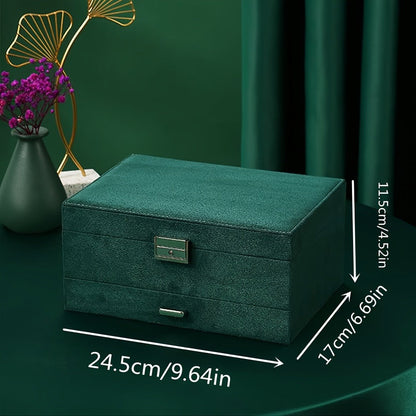 Jewelry Organizer Velvet-Lined Box with Key-Lock Closure and Drawers in Green, Pink or Black