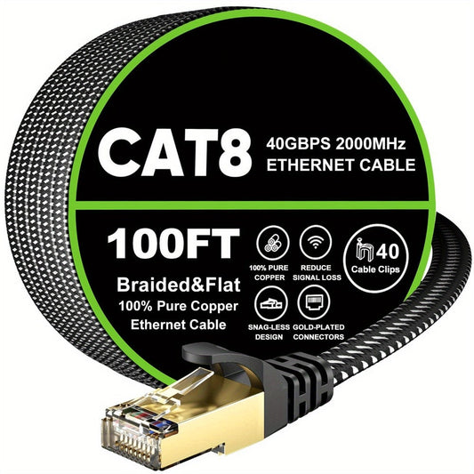 Cat 8 Ethernet Cable 100ft Flat Braided, 40Gbps 2000MHz High Speed Internet Cord, Gold Plated RJ45 SSTP Shielded Network LAN Cable for PS4 PS5 Gaming, Router, Modem, PC, Laptop, Xbox