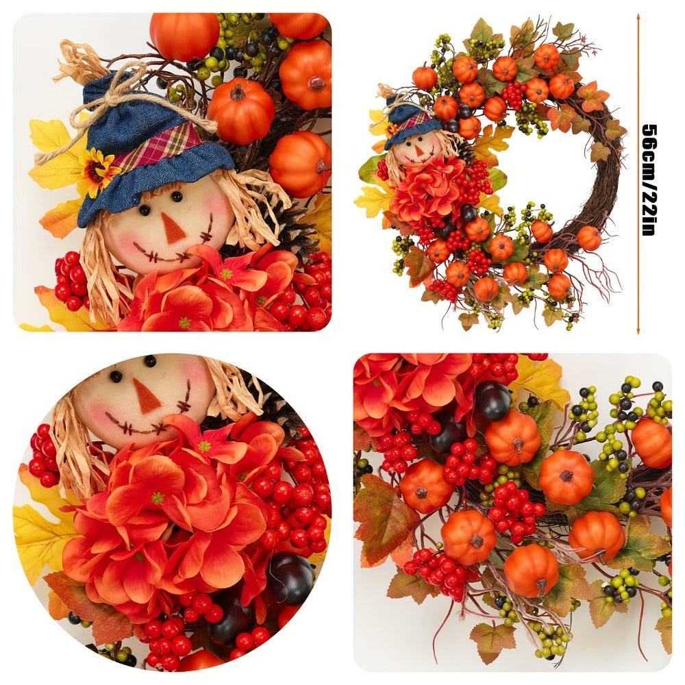 Autumn Front Door Wreath with Pumpkins, Maple Leaves, Red Flowers and Harvest Doll Accent for Seasonal Decor