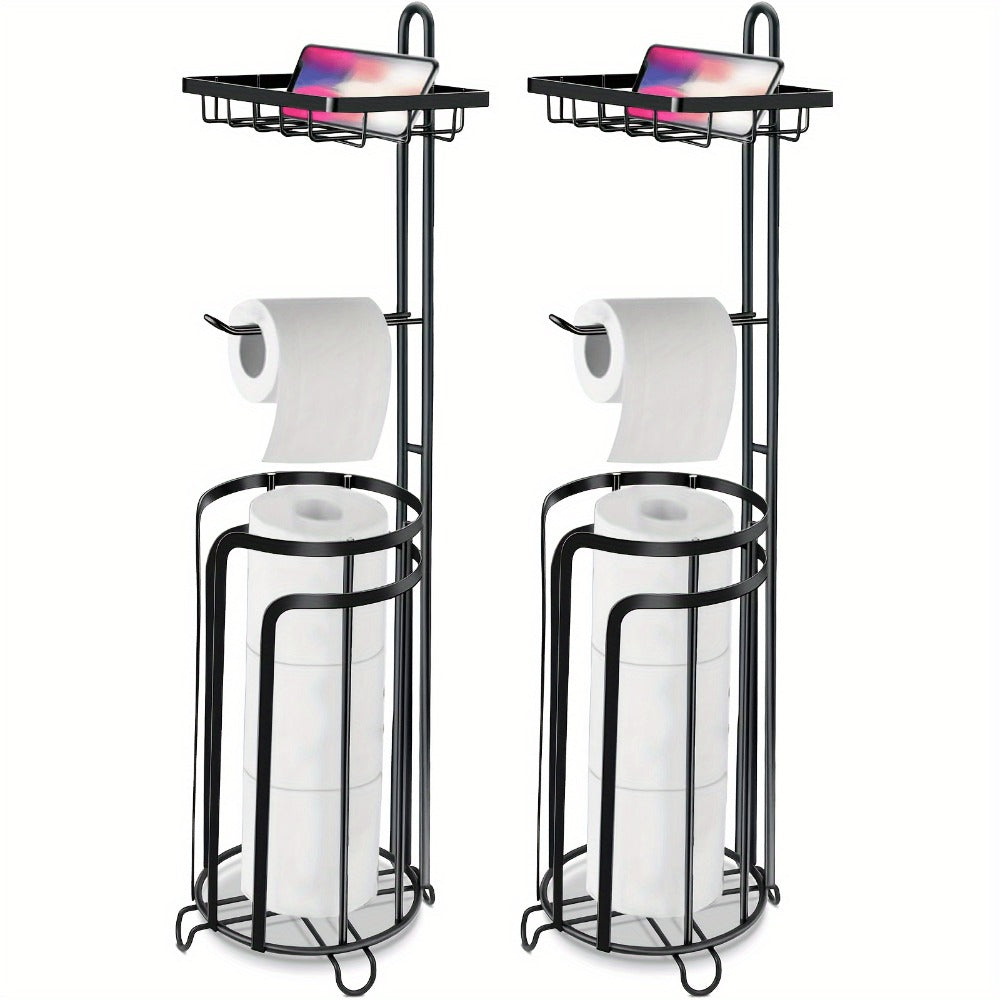Freestanding Toilet Paper Holder with Square Reserve-Roll Cage, Upper Shelf and Single or Two-Pack Options