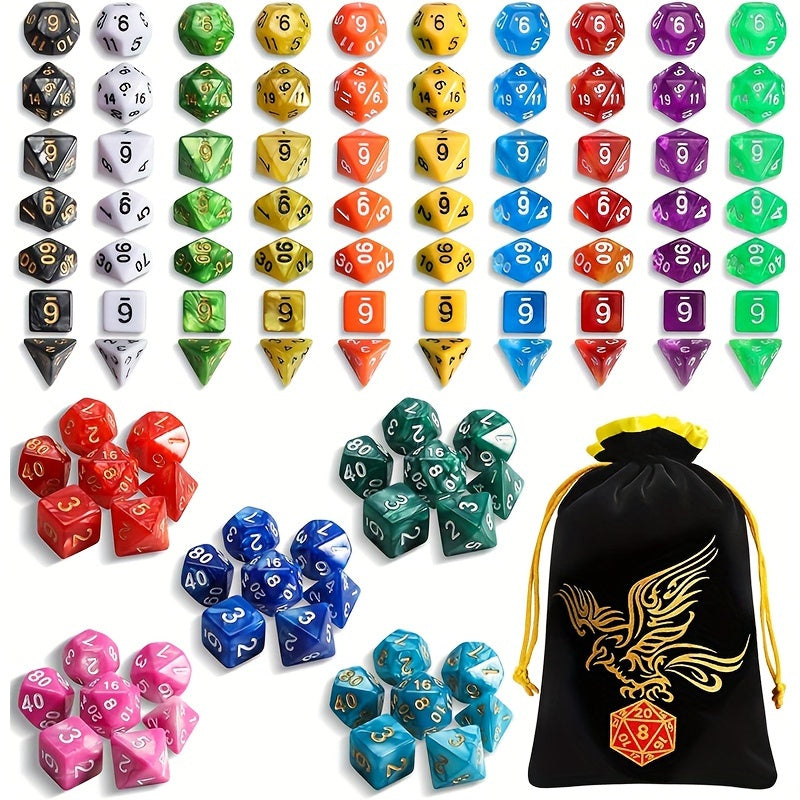 Fifteen-Set Polyhedral Dice Collection with 105 Pieces, Seven Die Shapes and Black Drawstring Storage Bag