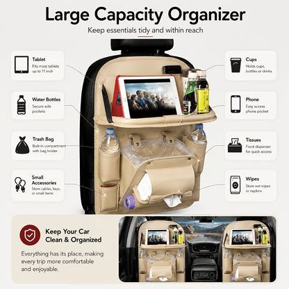 One-Piece Seatback Car Organizer with Fold-Down Tray, Cup Recesses, Mesh Pockets and Four Colors