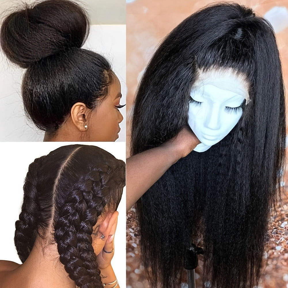 Synthetic Wig 26-Inch Black Kinky-Straight Yaki with HD Lace Front, Glueless Cap and 160°C Fiber