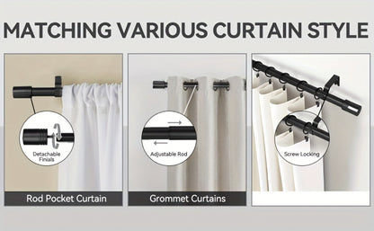 One-Inch Adjustable Curtain Rod with Rounded Cup Finials in Black, Brushed Nickel or Gold Finish