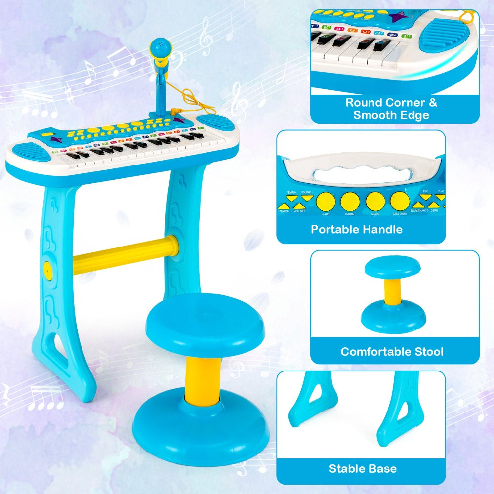 Kids Piano Keyboard 31-Key with Microphone & Stool, 22 Demos 8 Tones 7 Rhythms Flashing Lights, Portable Musical Toy for Toddlers Boys Girls Age 3+, Blue