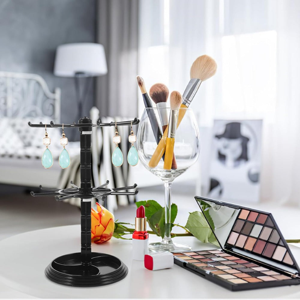 Rotating Jewelry Stand 2-Tier Black – Necklace Bracelet Earring Organizer Display Rack, Plastic Hanging Jewelry Tower for Dressing Table Counter, Keychain Holder, No Electricity Needed