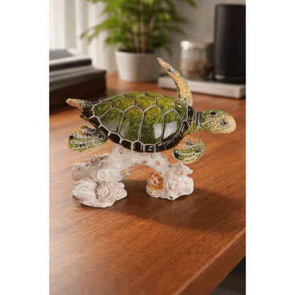 Sea Turtle Figurine with Upward-Swimming Polyresin Form, Coral-Style Base and 4.75 x 3.5 x 3.5-Inch Size